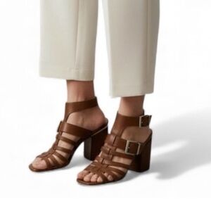 Vince Camuto Gladiator Block Heel Sandals Brown Leather Strap Buckle Size 8.5M